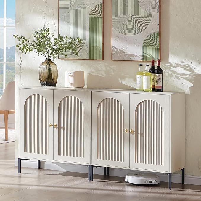 IFBUY Modern Sideboard Buffet Cabinet, 61.75" W Fluted Arched Buffet Cabinet with Storage and Adjustable Shelves, Wooden Modular Coffee Bar Cabinets for Kitchen, Entryway, Cream
