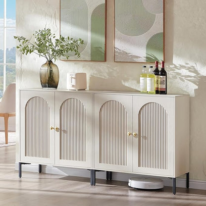 IFBUY Modern Sideboard Buffet Cabinet, 61.75" W Fluted Arched Buffet Cabinet with Storage and Adjustable Shelves, Wooden Modular Coffee Bar Cabinets for Kitchen, Entryway, Cream