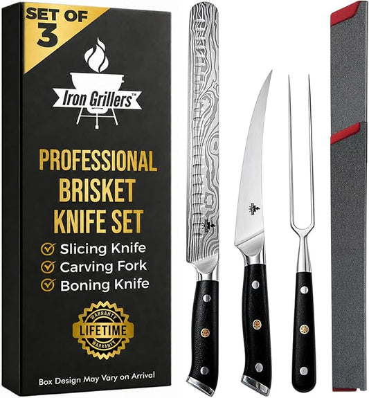 Brisket Knife Set for Meat Carving - 12" Slicing Knife + 6" Curved Boning Knife & Carving Fork for Effortless Meat Cutting, Full Tang & Ergonomic - Razor Sharp German Steel, BBQ Grilling Gifts for Men