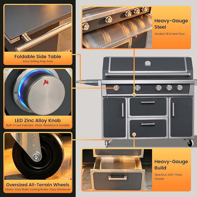 49" Stainless Steel Grey Grill, 4 Burners & Infrared Burner, Natural Gas | 99,000 BTU Four Cast Burners & Infrared Back Burner for Garden & Outdoor Cooking 304 stainless steel Storage drawers