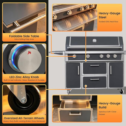 49" Stainless Steel Grey Grill, 4 Burners & Infrared Burner, Natural Gas | 99,000 BTU Four Cast Burners & Infrared Back Burner for Garden & Outdoor Cooking 304 stainless steel Storage drawers