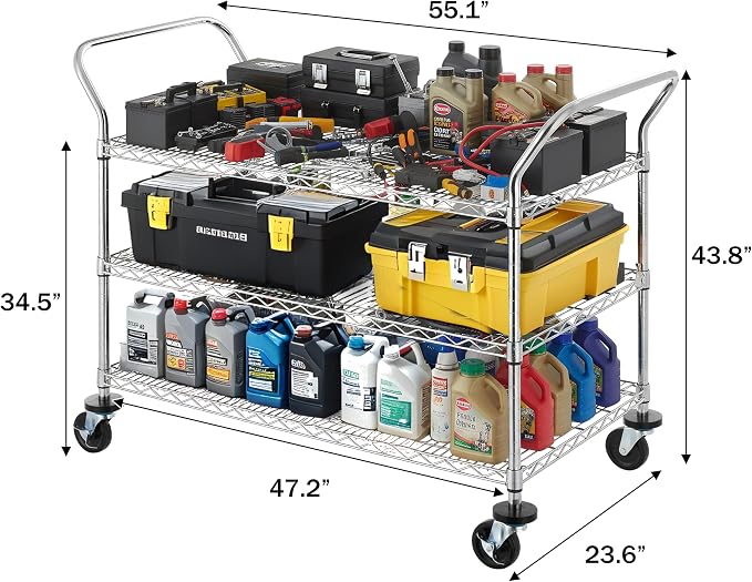 Finnhomy 3-Tier Commercial Grade Rolling Cart, Heavy Duty Utility Carts with Wheels and Handles, Kitchen Trolly on Wheels, Metal Serving Shelves with 700 lbs Capacity, Shelf Size 24" D x 48" W, NSF