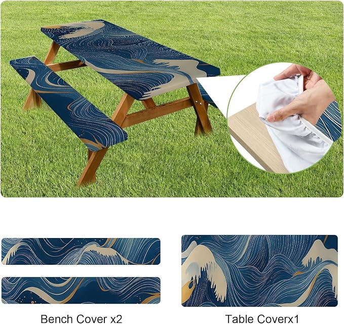 ANNA QUEEN Modern Abstract Art 6FT Picnic Table Cover with Bench Covers Set of 3 with Drawstring Bag, Blue Gold Lines 72"x30" Waterproof Picnic Tablecloth & Bench Covers for Patio Garden