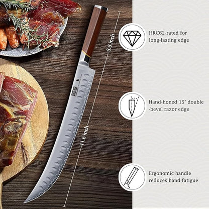 HOSHANHO Brisket Slicing Knife 12 Inch, Japanese High Carbon Steel Butcher Breaking Knife with Ergonomic Handle, Razor Sharp Curved Carving Knives for Meat, BBQ