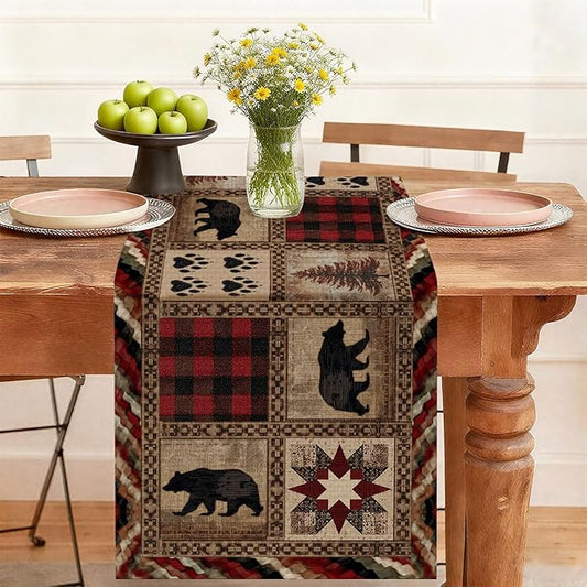 Retro Bear Table Runner,Dining Decor for Kitchen Coffee Table Family Dinners Holiday Parties Wedding Events Decor(13x72 inch)