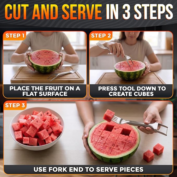 2Pcs Stainless Steel Watermelon Cutter Slicer Tool 2-in-1, Even Cuts | Watermelon Slicer Tool & Serving Fork in One; Slices Cubes Mess-Free; for Melon, Cantaloupe & Dragon Fruit; Summer Parties