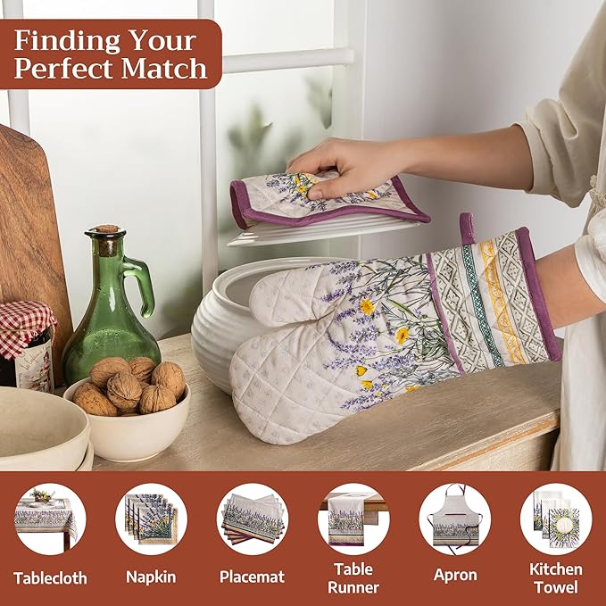 Maison d'Hermine Oven Gloves 100% Cotton Oven Mitt 7" x 13" with Loop Heat Resistant BBQ Cooking Gloves Baking Grilling Kitchen Hotel Home Farmhouse Spring Summer (Pack of 1, Fanny Lavender)