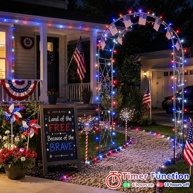 YEGUO 66ft 200 LED Red White and Blue Lights, 4th of July Decorations String Lights Plug in Indoor Outdoor, 8 Modes Clear Wire Patriotic Light for Independence Day Holiday Memorial Day Party Decor