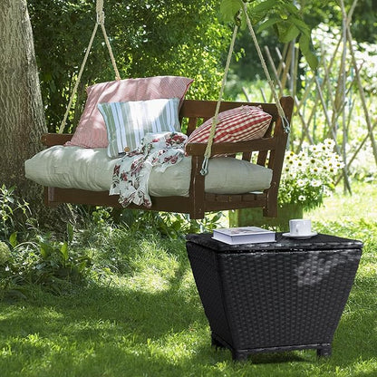 VINGLI 13 Gallon Outdoor Deck Box, Wicker Outdoor Storage Box with Lid, Small Storage Bin Container for Outside and Patio, Patio Rattan Side Table for Yard Porch (Black, Trapezoidal)