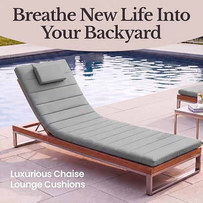 Quilted Chaise Lounge Outdoor Patio Furniture Cushions | Water-Resistant Patio Chair Cushions | Durable, High-Density Foam Outdoor Chair Cushions - Heather Grey, 74"x23" (Chair Not Included)