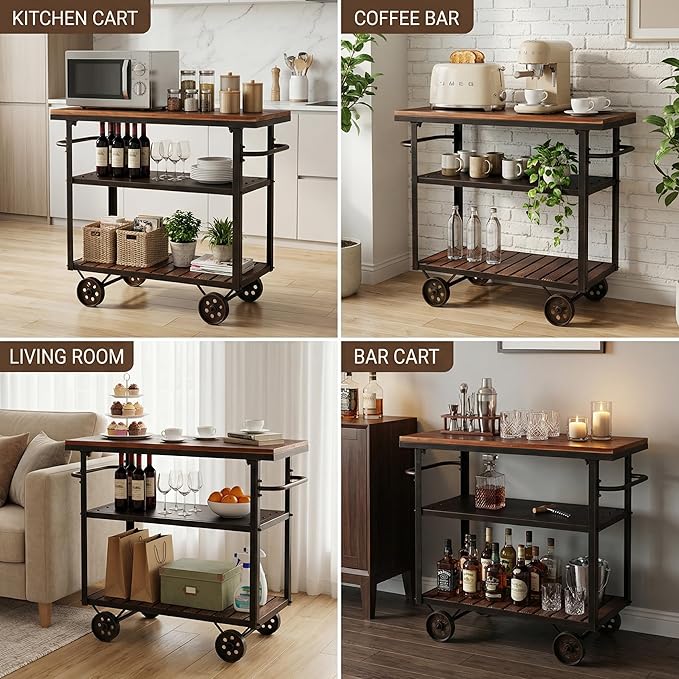 Farmhouse Mobile Cart with Wheels for Home Kitchen Industrial Rolling Food Cart Outdoor Vintage Wood and Metal Design Utility Cart in Office Coffee House 3 Tier with 2 Side Handle