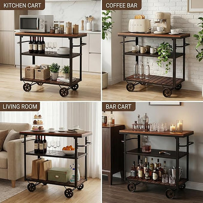Farmhouse Mobile Cart with Wheels for Home Kitchen Industrial Rolling Food Cart Outdoor Vintage Wood and Metal Design Utility Cart in Office Coffee House 3 Tier with 2 Side Handle