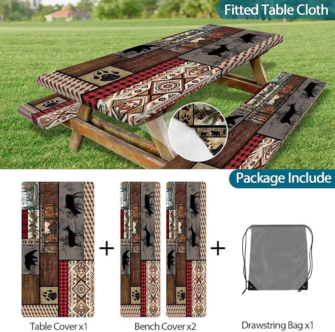 Picnic Table Cover with Bench Covers Elastic Edges, Rustic Cabin Bear Deer Print Table Cover, Waterproof Windproof Fitted, for Outdoor Camping Picnic Patio Garden , Drawstring Bag, 60 Inch 3PCS