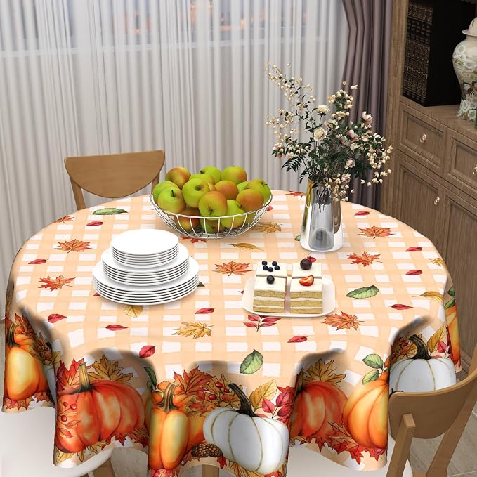 Sweetshow Thanksgiving Autumn Harvest Pumpkin Table Cloth Round Orange Plaid Fall Leaves Tablecloth 70 Inch Decor Washable Stain and Wrinkle Resistant Round Table Cover for Dining Party Picnic