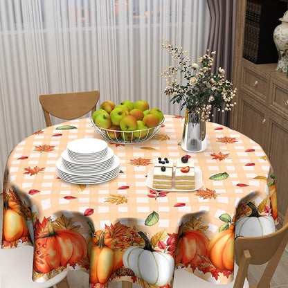 Sweetshow Thanksgiving Autumn Harvest Pumpkin Table Cloth Round Orange Plaid Fall Leaves Tablecloth 70 Inch Decor Washable Stain and Wrinkle Resistant Round Table Cover for Dining Party Picnic