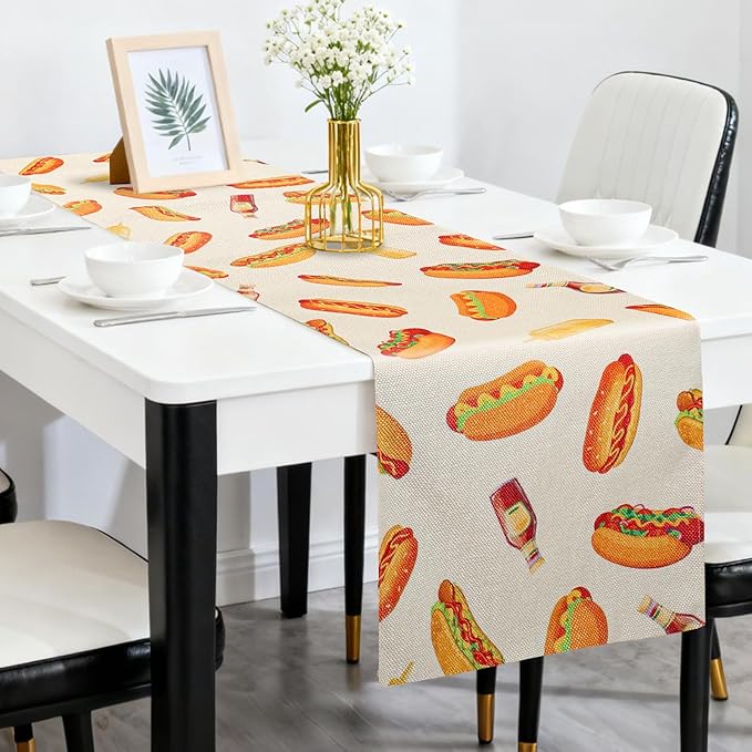 Penitue 13x72in/33x183cm Hot Dog Table Runner, Hot Dog Party Decorations Fast Food Sausage Theme Dining Table Cloth Tablecloth Decor for Indoor Outdoor Kitchen BBQ Supplies Accessories Gift Stuff