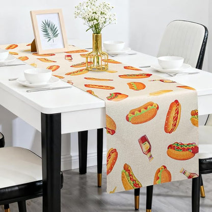 Penitue 13x72in/33x183cm Hot Dog Table Runner, Hot Dog Party Decorations Fast Food Sausage Theme Dining Table Cloth Tablecloth Decor for Indoor Outdoor Kitchen BBQ Supplies Accessories Gift Stuff