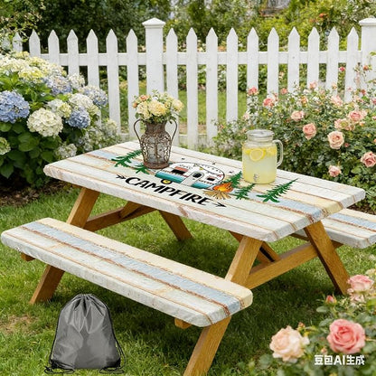 JAWO Rustic Camper Picnic Table Cover with Bench Covers, Flowes Boho Floral Camping RV Essentials Gear Supplies Outdoor Waterproof Windproof Tablecloth with Elastic, 72in