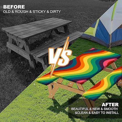 Rainbow Picnic Table Cover with Bench Covers, Elastic Edges Waterproof Windproof Colorful Stripes Camper Outdoor Tablecloth, Camping Essentials, Fitted 6FT Rectangle Tables and Seats, 3 Pcs 30x96 Inch