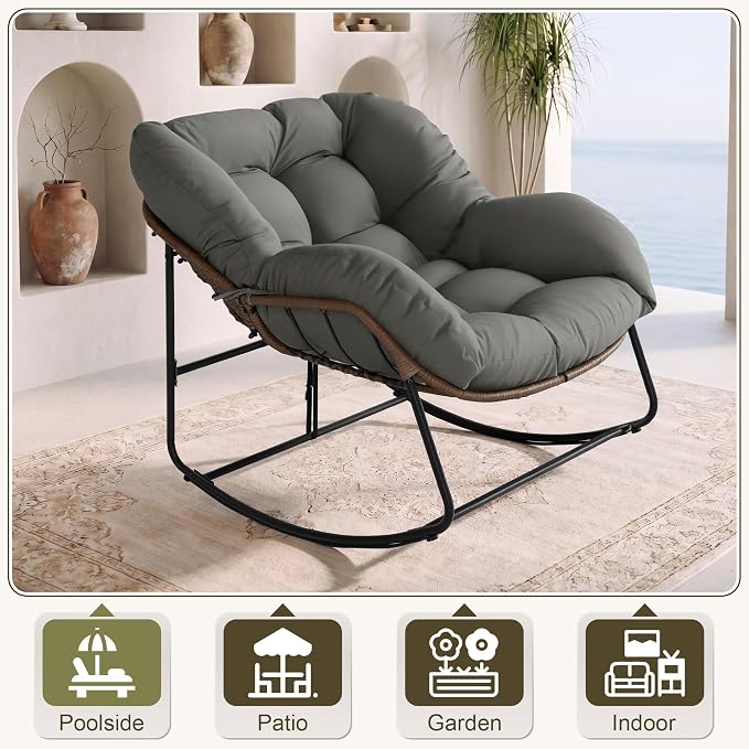 Bifanuo Oversized Egg Rocking Chair for Indoor Outdoor – All-Weather Wicker Rattan Lounge Chair with Cushion Patio Rocker for Porch Garden or Balcony (Grey)