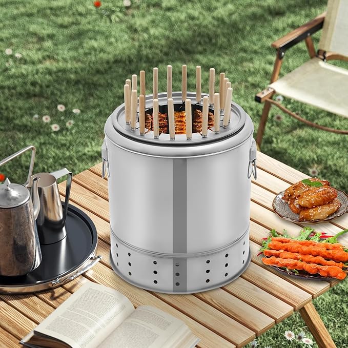 Portable Barbecue Charcoal Barrel Grill Stainless Steel Portable Compact BBQ Charcoal Grill Barrel Charcoal Grill for Camping Picnics Parties Beaches (Capacity: 20 Skewers)