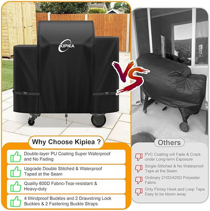 Kipiea Heavy Duty Grill Cover for Traeger Ironwood 650, 600D Oxford Fabric Wood Pellet Smoker Covers Waterproof & Windproof, Pellet BBQ Grill Cover for Outside Anti-UV, No Tear, No Fading