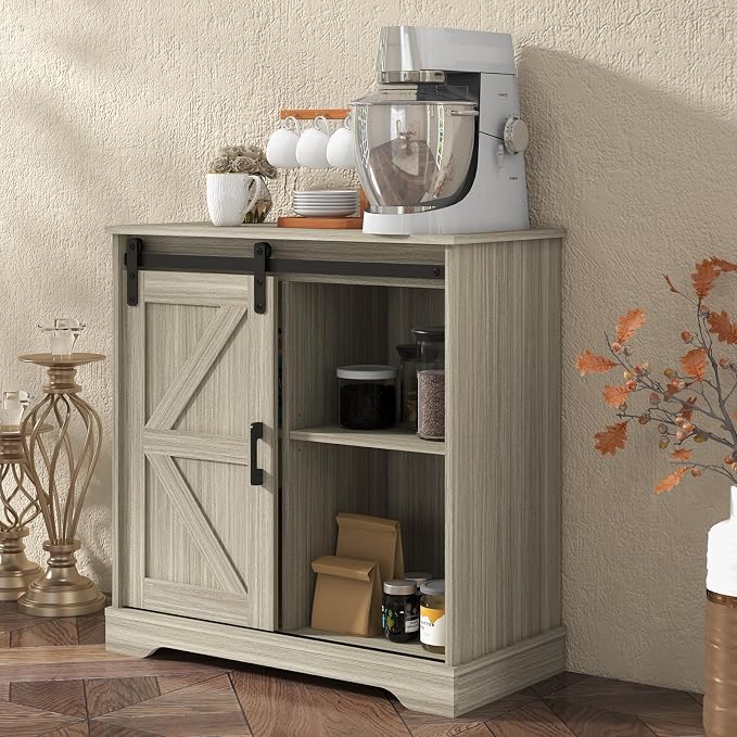 Panana Sliding Barn Door Buffet Sideboard Storage Cabinet Coffee Bar Kitchen Farmhouse Style (Oak)