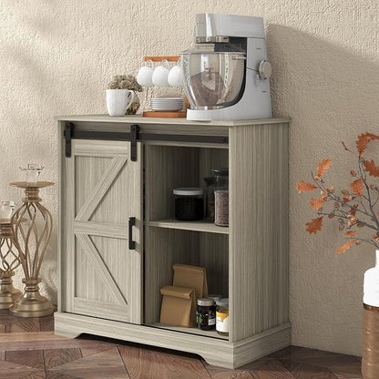 Panana Sliding Barn Door Buffet Sideboard Storage Cabinet Coffee Bar Kitchen Farmhouse Style (Oak)