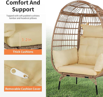 Oversized Egg Chair Outdoor Wicker Egg Chair 352lbs Capacity Outdoor Lounge Chair All Weather PE Rattan Patio Chair with Removeable Thick Cushions for Patio Balcony Backyard Garden Indoor, White