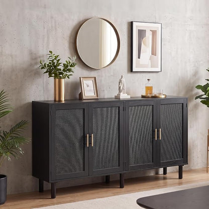 Finnhomy 4 Door Sideboard Buffet Cabinet, Kitchen Storage Buffet with Black Painted Rattan Decorated Doors, Cupboard Console Table, Boho Accent Liquor Cabinet, 62.3X 15.7X 34.6 Inches, Full Black