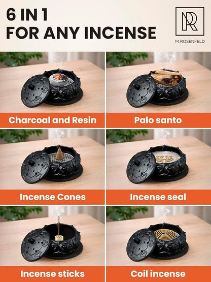 Charcoal Incense Burners for Resin, Frankincense & Bakhoor – Heat-Resistant Ceramic Incense Burner kit for Charcoal Disk, Sticks & Cones with Mess-Free Ash Catcher for Home Fragrance, Relaxation Use