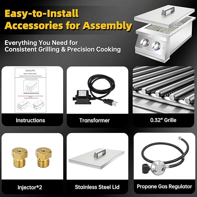 Double Side Burners for Outdoor Grill, Heavy-Duty 304 Stainless Steel, Built-in Side Burners with LED for Outdoor Kitchen BBQ Island, 2x17,000BTU Liquid Propane Side Burner Convertible to Natural Gas