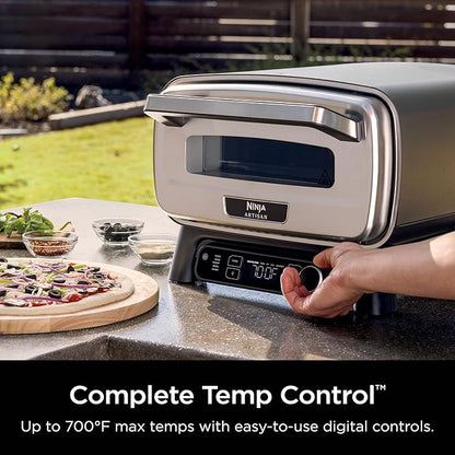 Ninja | Outdoor Pizza Oven with 19.5" Perforated Pizza Peel | Includes 12" Pizza Stone & 12" Bake Pan | 5 Pizza Presets Neapolitan, Thin Crust, New York, Pan & Custom | 700F Max Temp | Electric