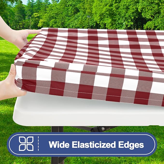 Smiry Picnic Table Cloth 2 Pack, Waterproof Elastic Fitted Tablecloths for 6FT Rectangle Tables, Washable Polyester Buffalo Plaid Tablecloth for Camping & Outdoor (Burgundy & White, 30" x 72")