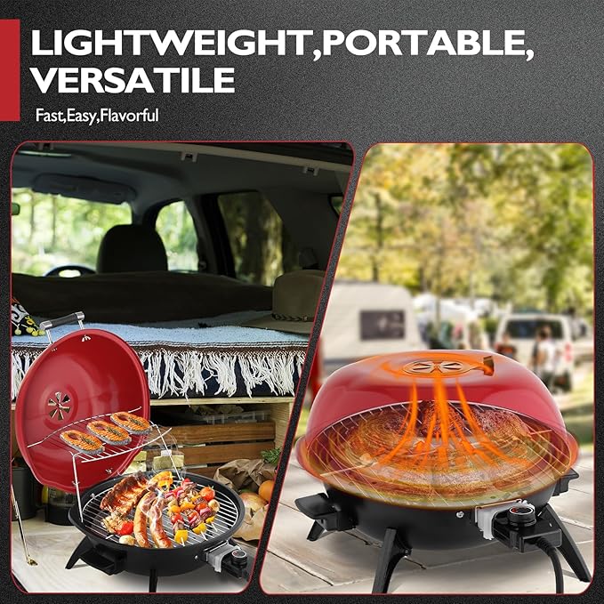 ROVSUN 1600W Red Portable Electric Grill – Adjustable Temperature Control, 304 Stainless Steel Double-Layer Cooking Surface, Removable Tabletop Stove for Indoor & Outdoor Use