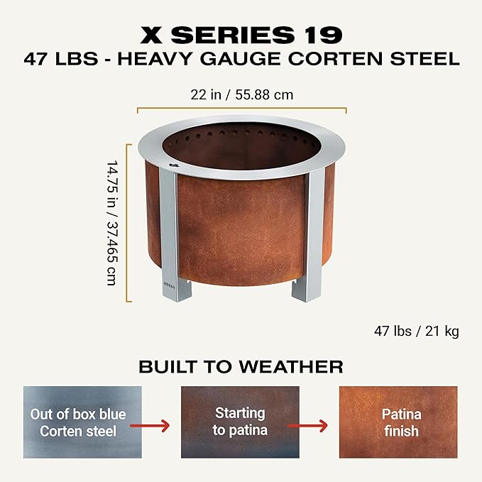 Breeo Smokeless Fire Pit (X Series 19, Corten Steel) | 22.1 inch Smokeless Fire Pit for Outside | 47 Pounds | Ideal for Families | Compatible with Wide Range of Breeo Accessories