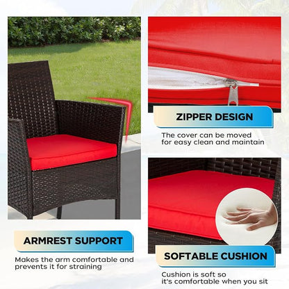 FDW | 3-Piece Patio Furniture Set | Brown & Red | Outdoor Wicker Furniture with Coffee Table | Modern Rattan Chairs Conversation Set | Outdoor Seating | Weather-Resistant | for Porch, Garden, Lawn