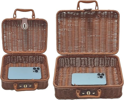 Mini Wicker Picnic Basket, Decorative Prop Suitcase Vintage Storage Hamper Makeup Organizer, 8.67" Metal Lock Plastic Rattan Storage Box with Handles for Sundries Travel Camping and Outdoor Party
