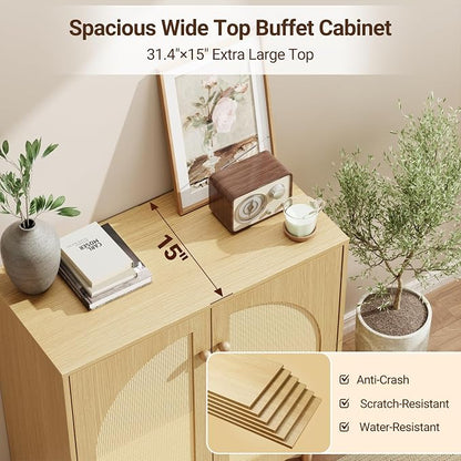 30 Inch Buffet Cabinet with Storage, Boho Sideboard with Rattan Decorated Doors & Adjustable Shelf, Accent Credenza Coffee Bar for Kitchen, Dining Room, Living Room, Entryway