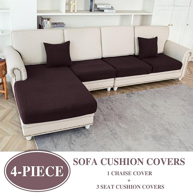 LA MEACK Couch Cushion Covers for Sectional Sofa L Shape Washable Separate Seat Chaise Couch Cover Stretch Sofa Slipcovers with 2 Pcs Pillowcases(3 Seater + 1 Chaise, Brown)