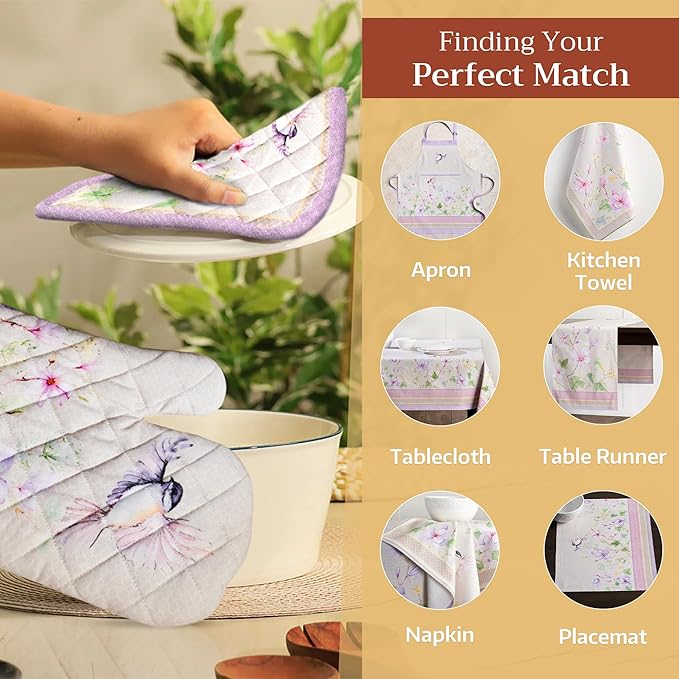 Maison d'Hermine Oven Gloves 100% Cotton Oven Mitt 7" x 13" with Loop Heat Resistant BBQ Cooking Gloves Baking Grilling Kitchen Hotel Home Farmhouse Spring Summer (Pack of 1, Magnolia Mornings)
