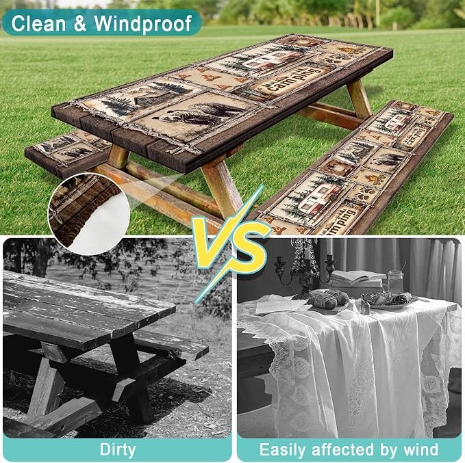 Picnic Table Cover with Bench Covers Elastic Edges, Cabin Bear Camper Rustic Fitted Table Cover, Outdoor Patio Camping Essentials 3PCS, Waterproof Camping Tablecloth with Drawstring Bag 60 in