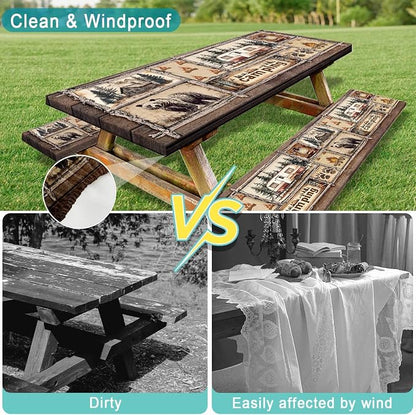 Picnic Table Cover with Bench Covers Elastic Edges, Cabin Bear Camper Rustic Fitted Table Cover, Outdoor Patio Camping Essentials 3PCS, Waterproof Camping Tablecloth with Drawstring Bag 60 in