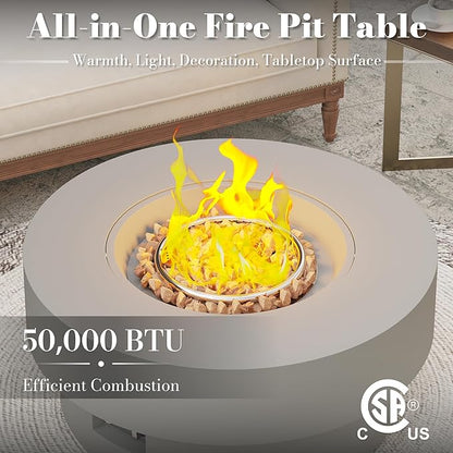 32.5 Inch Propane Fire Pit Table, 50,000 BTU Round Patio Fire Pit Table Outdoor, CSA Certified, Stainless Burner with Steel Lid, Waterproof Cover & Lava Rocks, for Garden Backyard, Gray