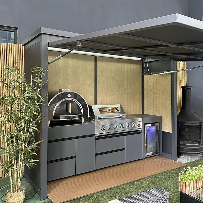 Modern Outdoor Kitchen with Automatic Lift Canopy - Integrated LED System & Smart Storage - Premium Prefab BBQ Island