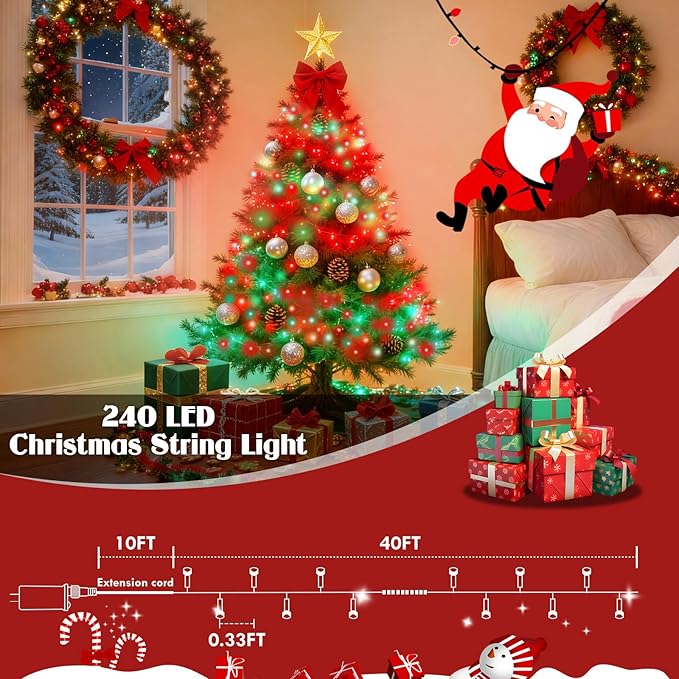 88FT 240LED Extra-Long Connectable String Lights Indoor Outdoor Clear Wire, Red&Green Christmas String Lights, Plug in Twinkle Fairy Light with Timer for Wedding Patio Tree Yard Christmas Decorations