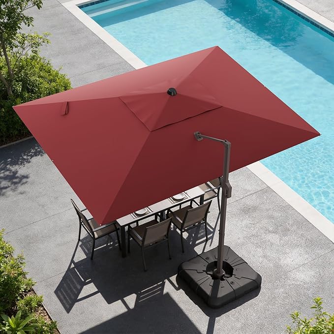9x12 FT Cantilever Patio Umbrella with Base, Large Rectangular Offset Outdoor Umbrella with 360° Rotation, Heavy Duty Shade Umbrella for Garden Backyard Deck Poolside Courtyard, Red
