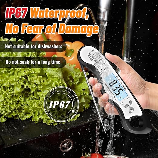 Meat Thermometer Digital, IP67 Waterproof Food Thermometer for Cooking | Backlight, Hold Function, Magnet, IP67 Waterproof, LED screen, for Kitchen, Grill, BBQ, Beef, Candy, Turkey