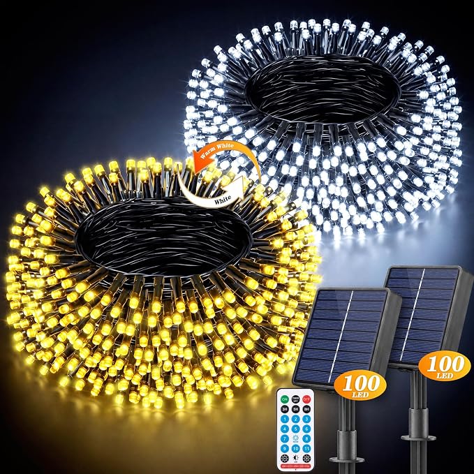 LitHome 2 Pack Solar String Lights Outdoor with Remote, Total 200LED 66FT | Solar Christmas Lights Waterproof, 8 Mode String Light for Xmas Patio Garden Party Yard Tree Decor, Warm White & Cool White
