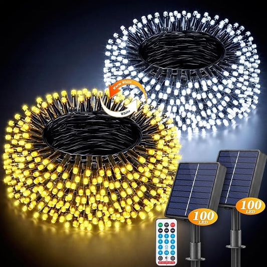 LitHome 2 Pack Solar String Lights Outdoor with Remote, Total 200LED 66FT | Solar Christmas Lights Waterproof, 8 Mode String Light for Xmas Patio Garden Party Yard Tree Decor, Warm White & Cool White